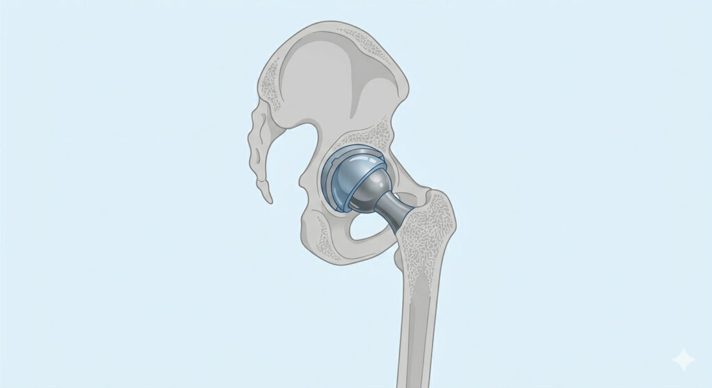Ilustración de artroplastia de resuperficialización de cadera preservando hueso femoral