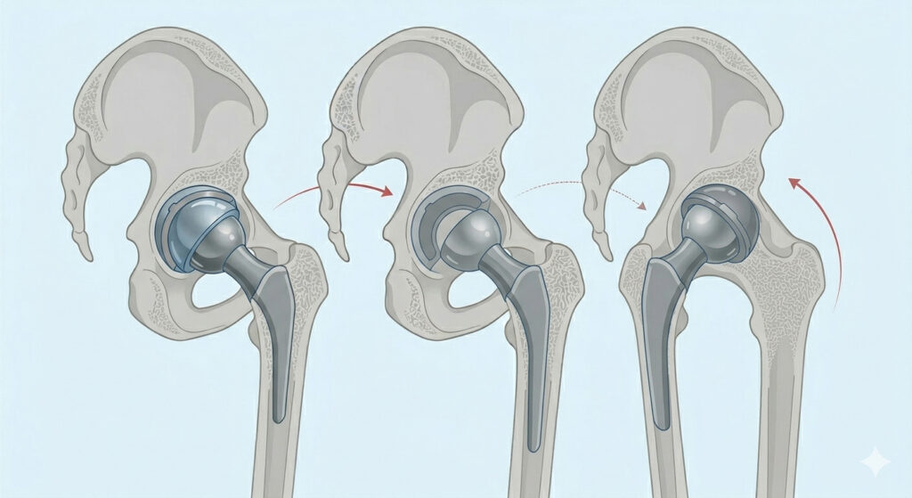 Ilustración de artroplastia de revisión de cadera con vástago femoral largo