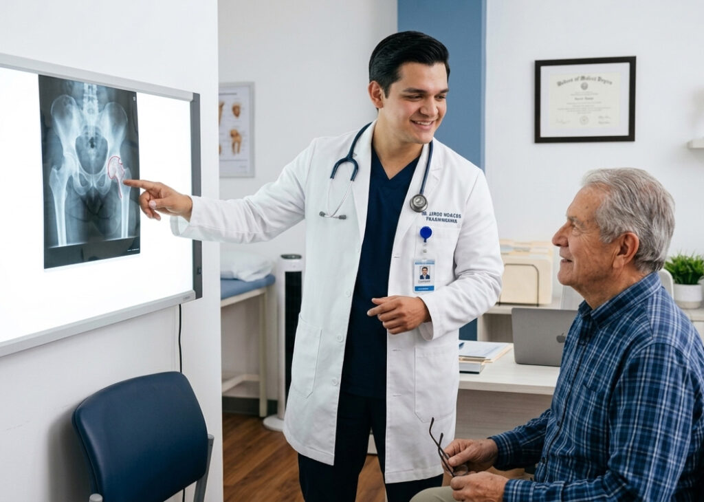 Ortopedista evaluando radiografía de cadera con paciente candidato a reemplazo articular