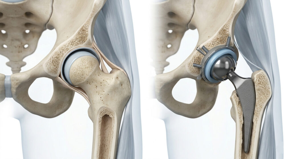 Ilustración anatómica de prótesis total de cadera mostrando componentes del implante