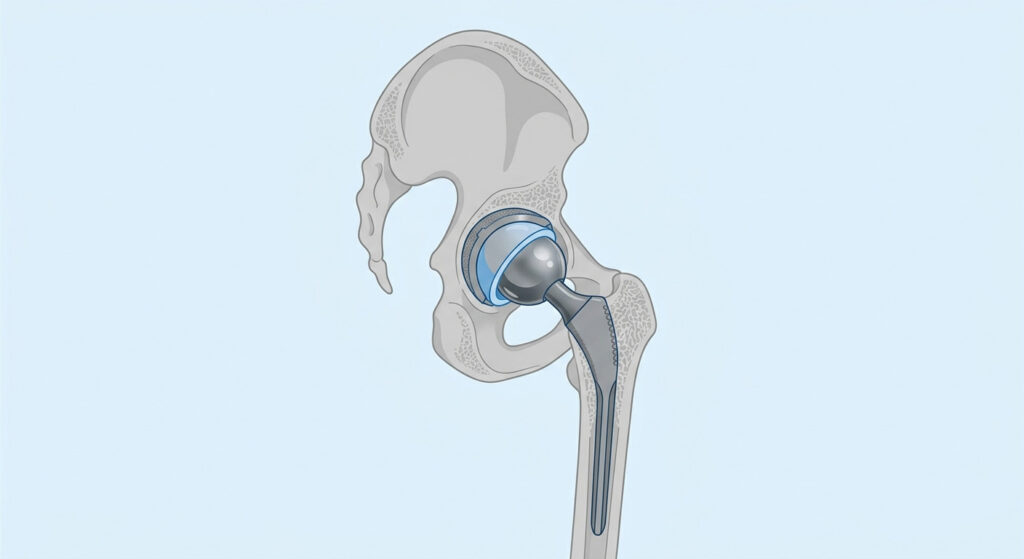 Ilustración de prótesis de reemplazo total de cadera con vástago femoral y copa acetabular