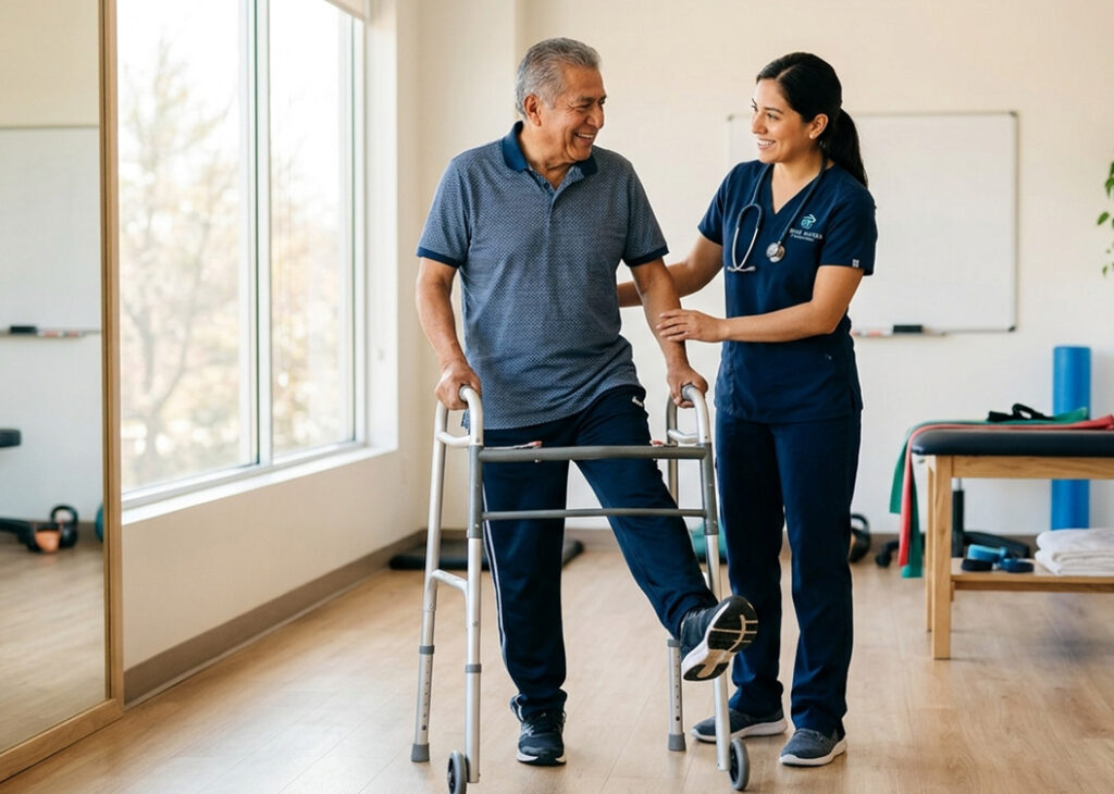 Paciente en rehabilitación después de cirugía de reemplazo de cadera con fisioterapeuta